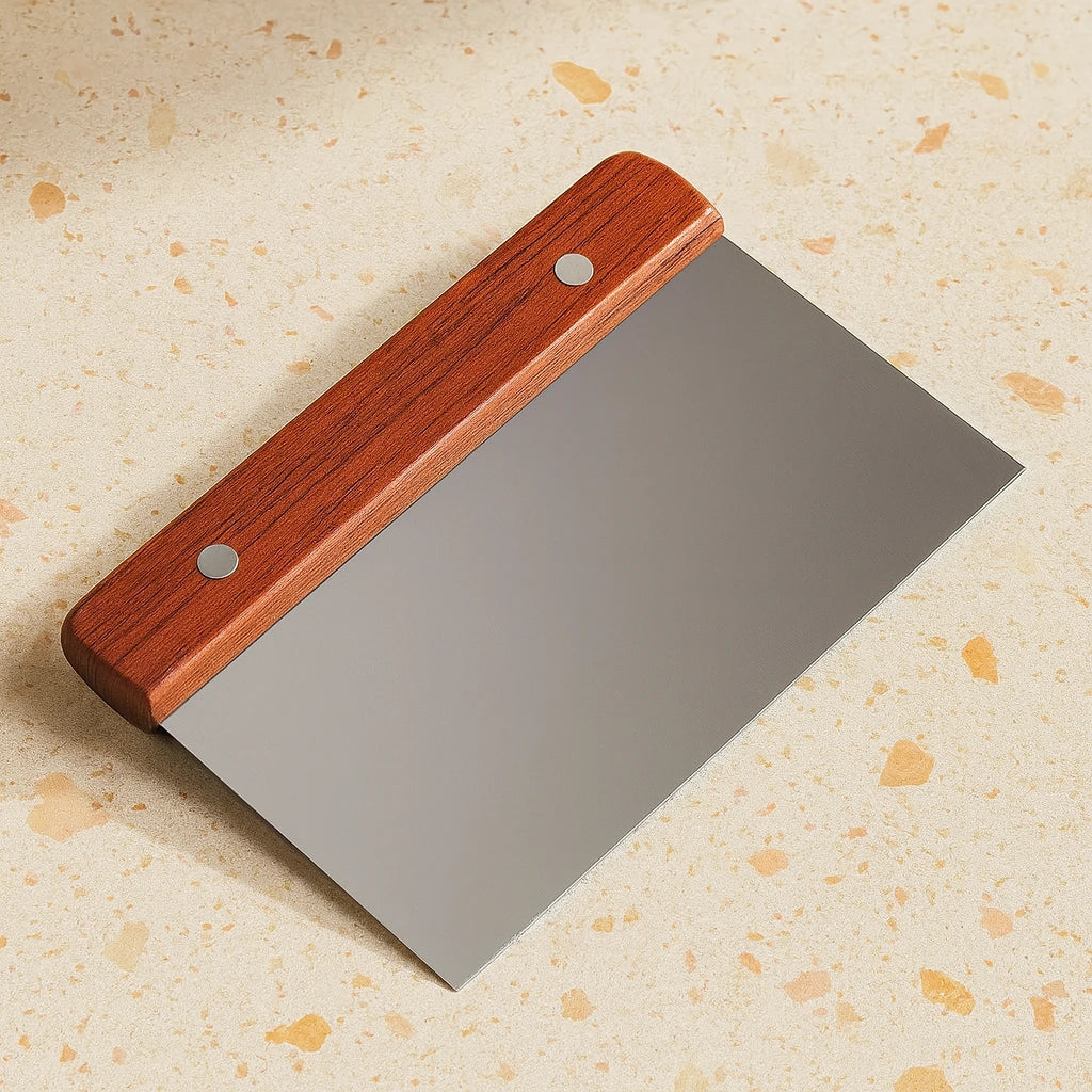 Metal tool with wooden handle on a textured beige background