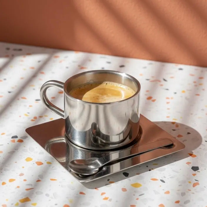 Silver cup with a spoon on a textured surface