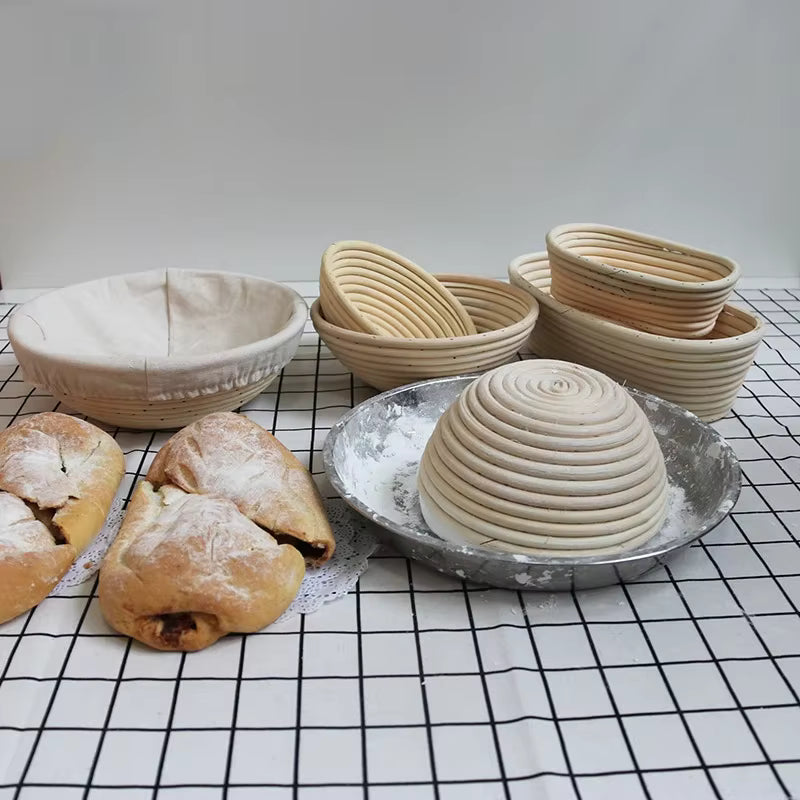 Baked bread and bread-making containers on a checkered tablecloth