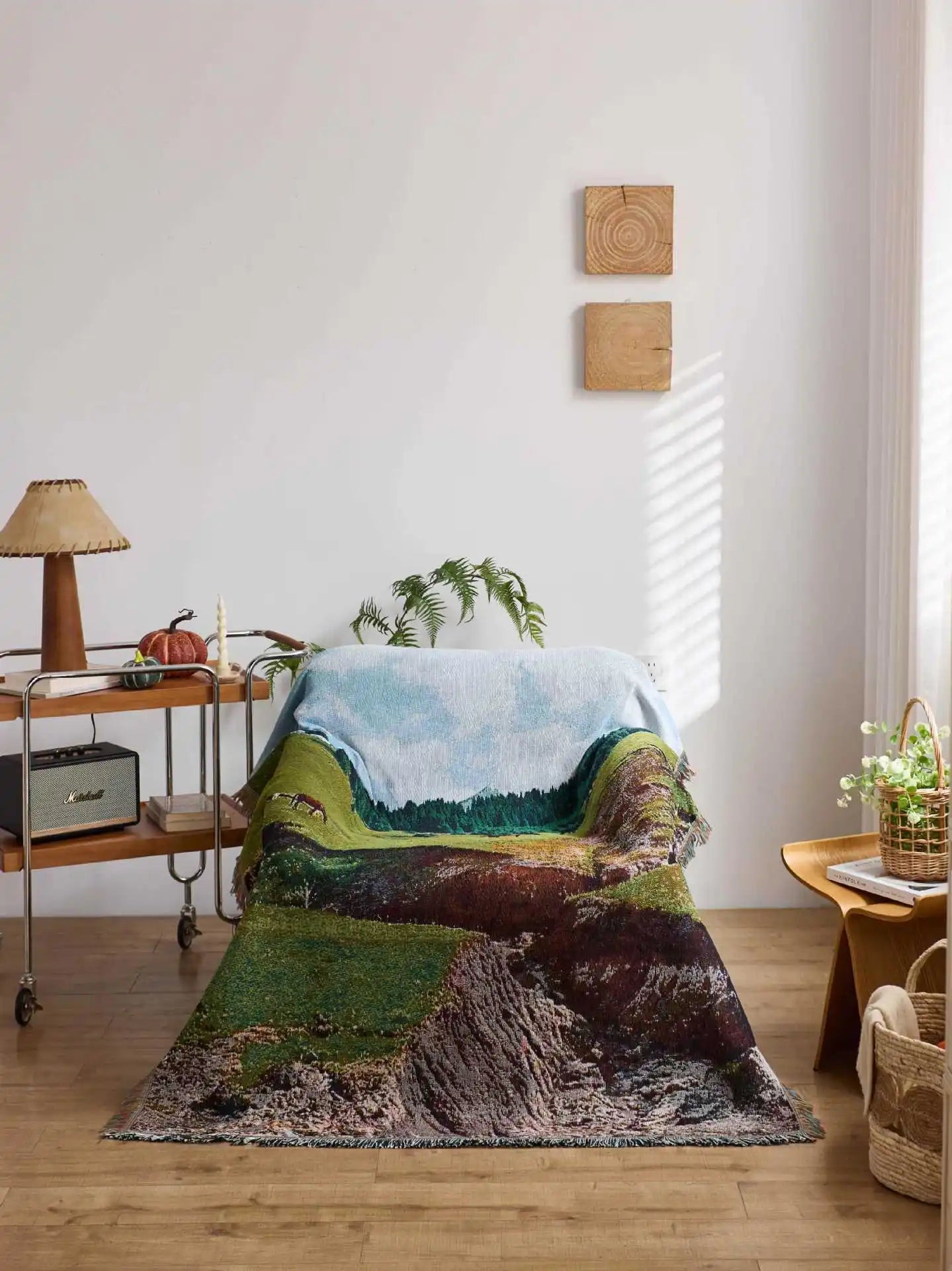 Landscape-themed rug on a wooden floor with a lamp and plants in the background