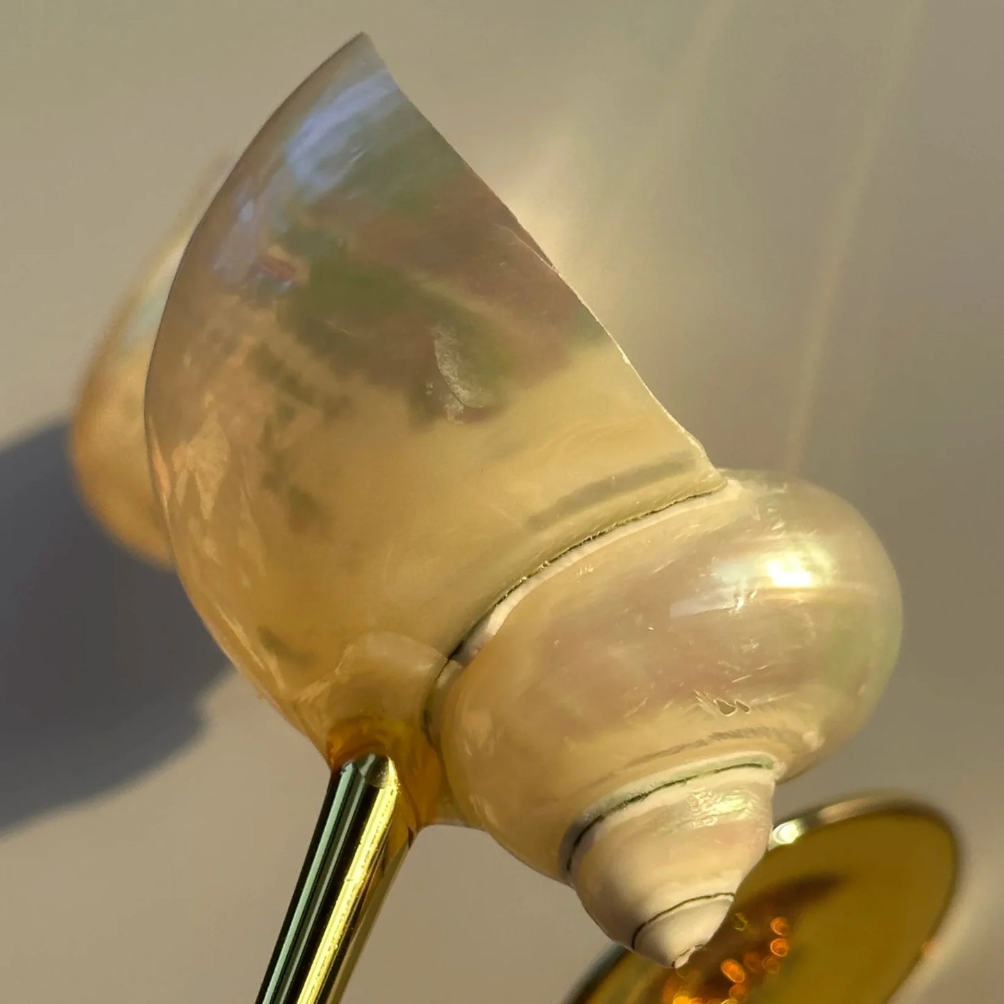 Close-up of a gold glass with a shell on a neutral background