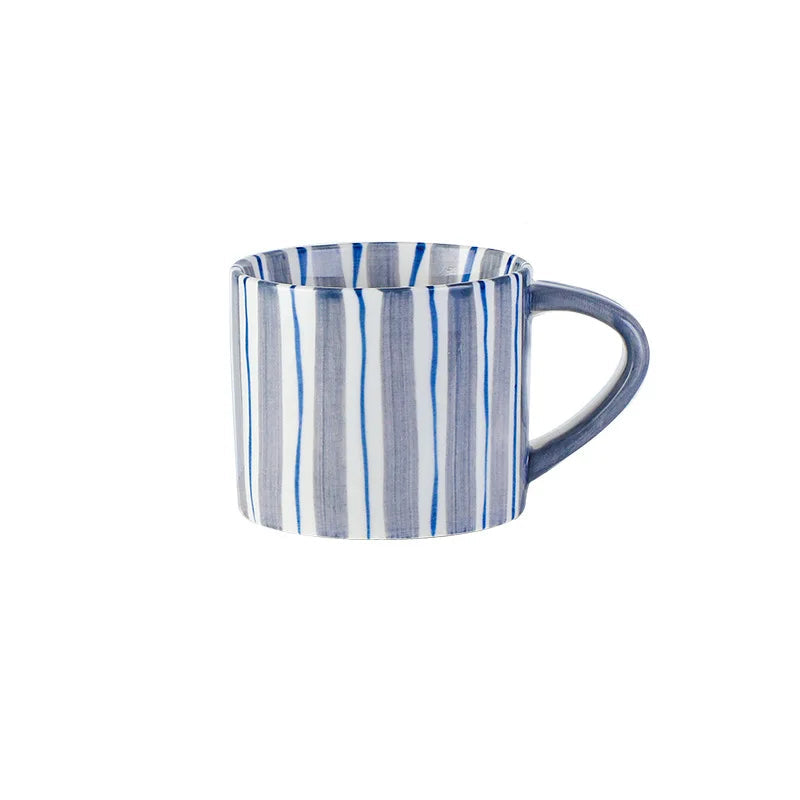 Blue and white striped mug with dimensions on a white background