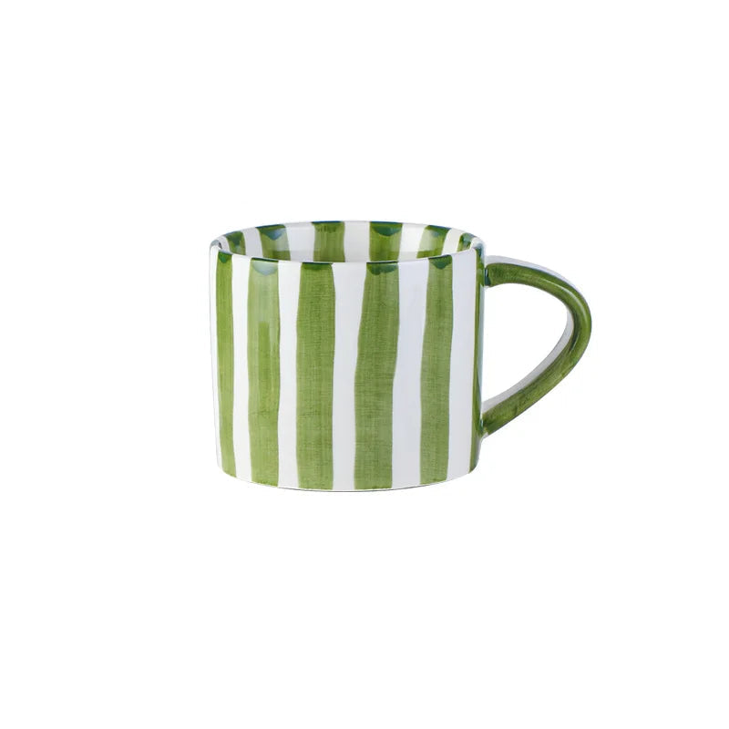 Green and white striped mug with dimensions on a white background