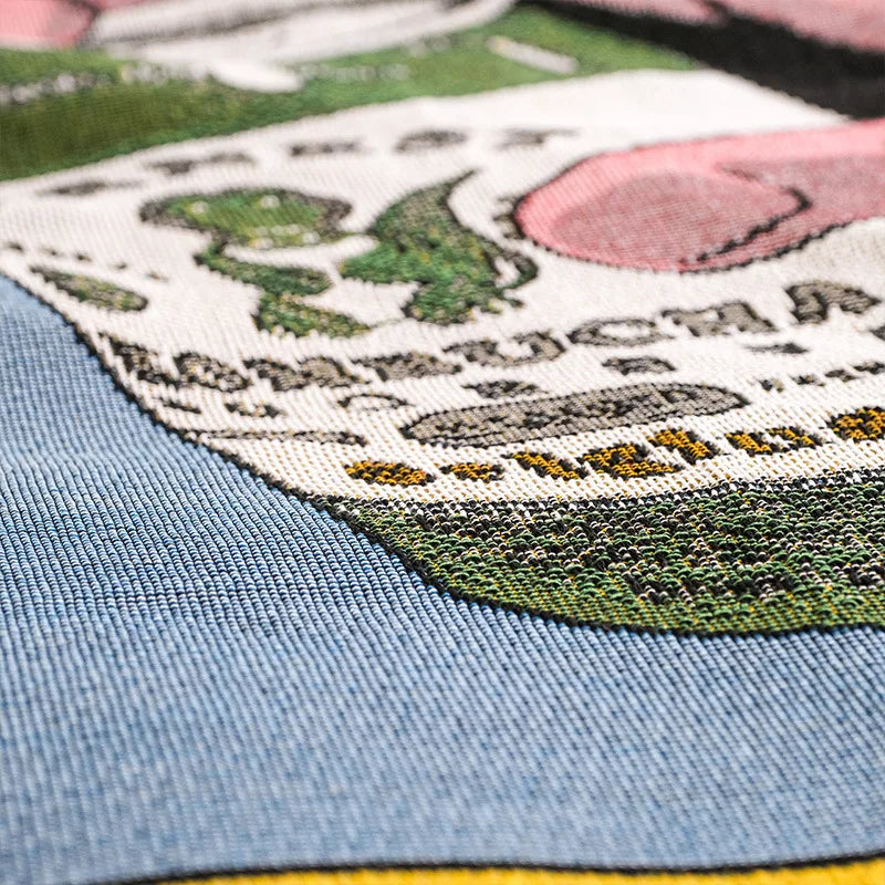Embroidered patch with cartoon characters on a blue fabric background