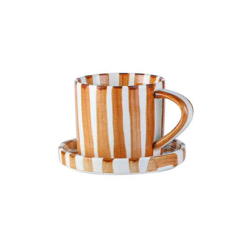 Striped coffee cup and saucer with dimensions and capacity details on a white background