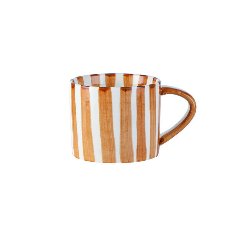 Striped mug with dimensions and capacity information on a white background