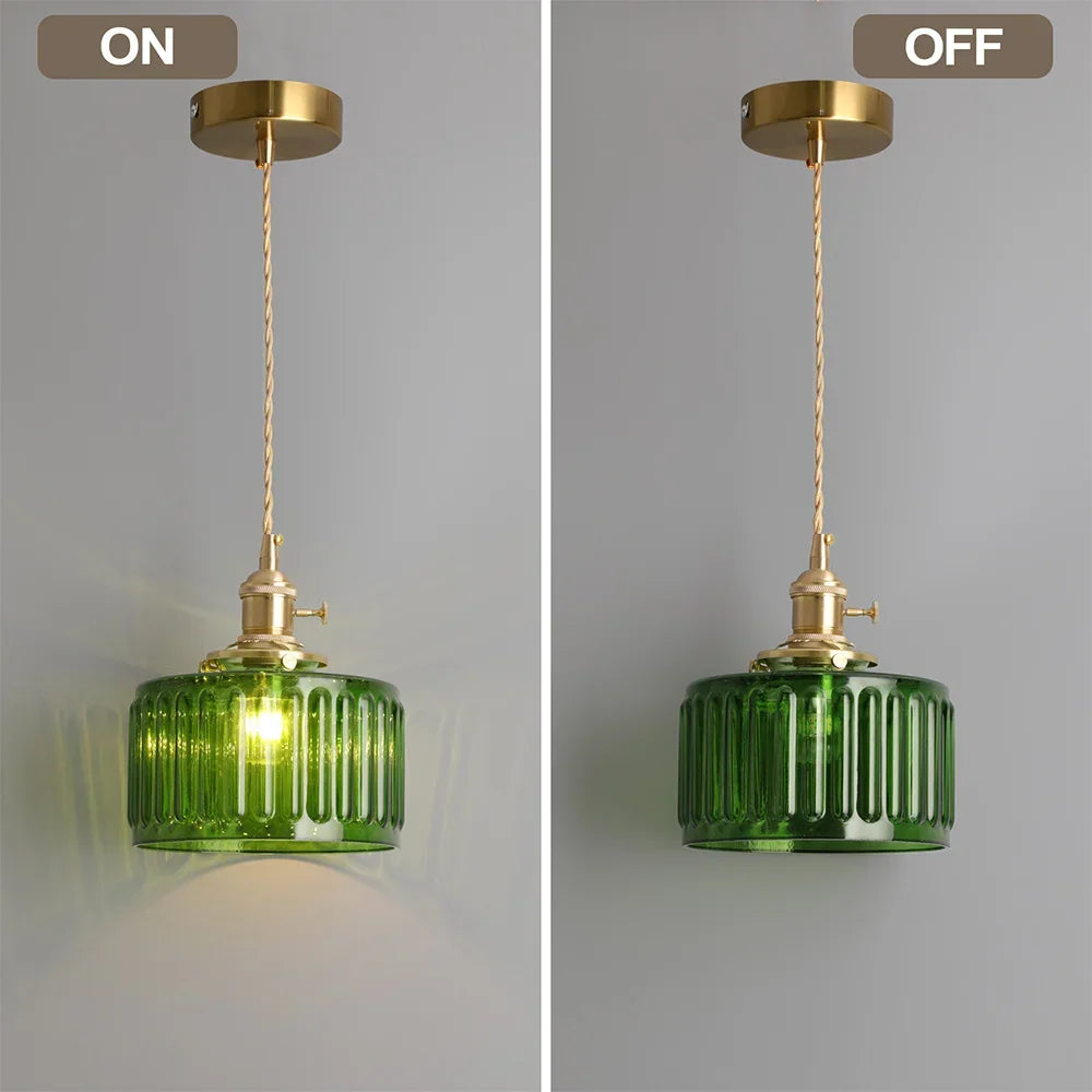 Green pendant light with gold fixture on a gray background, shown 'ON' and 'OFF'.