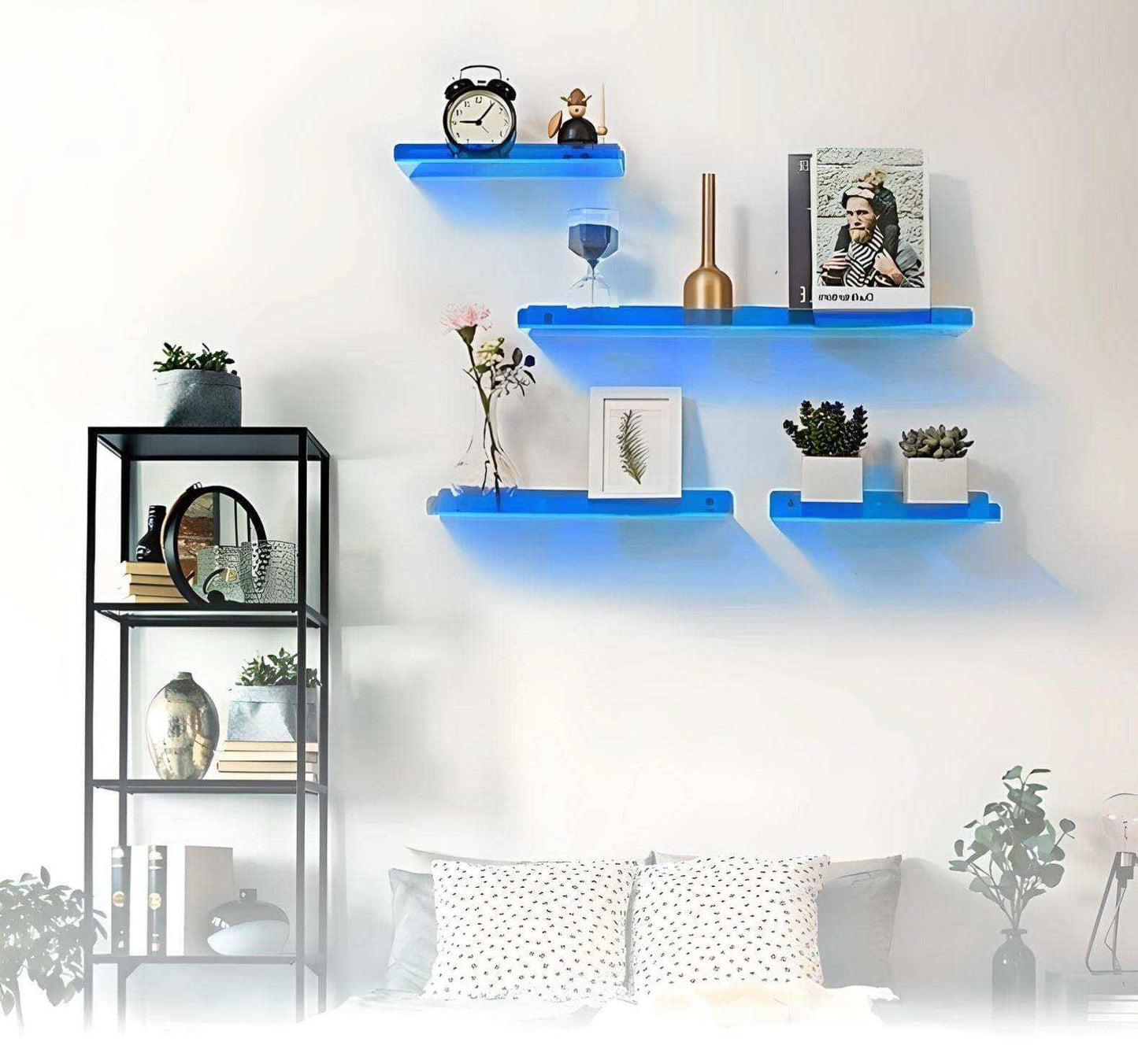 Blue LED shelves with decorative items in a living room setting