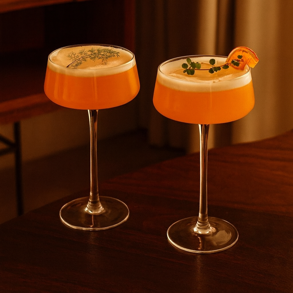 Two orange cocktails with garnishes on a wooden table.