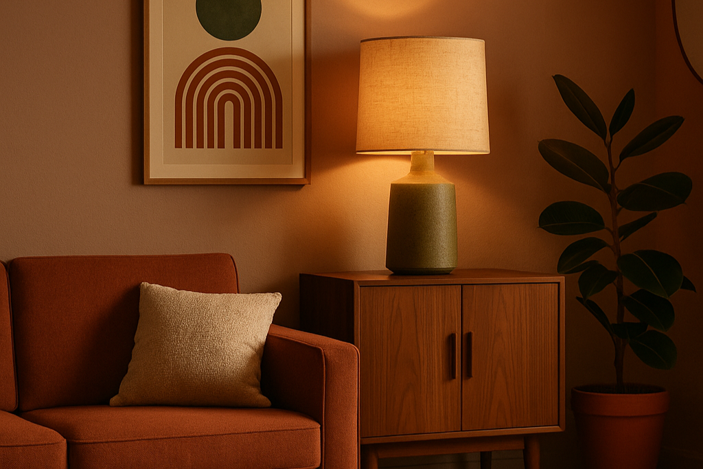 Cozy living room with a brown sofa, wooden cabinet, lamp, and plant.