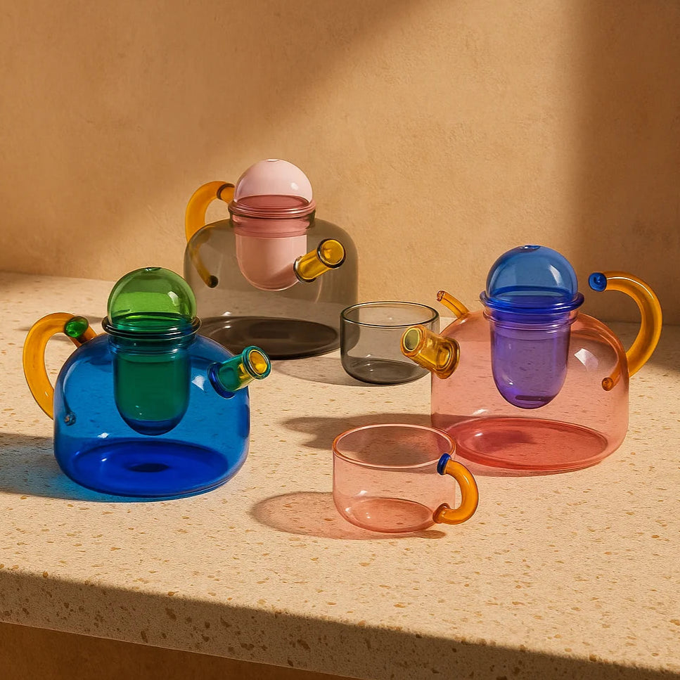 Colorful glass cups and teapot on a beige surface with a warm light.