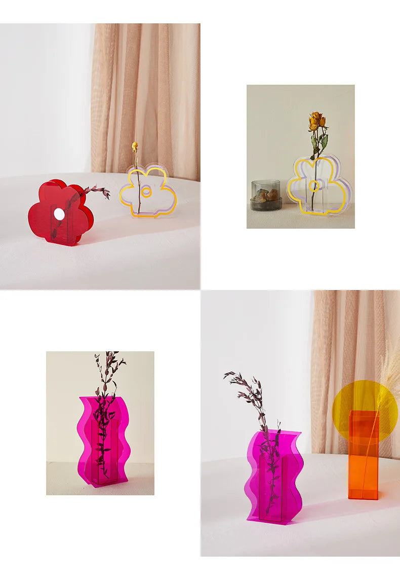 Various asymmetrical colourful vases in different settings