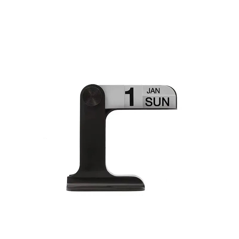 Black stand with calendar display showing dimensions on a white background