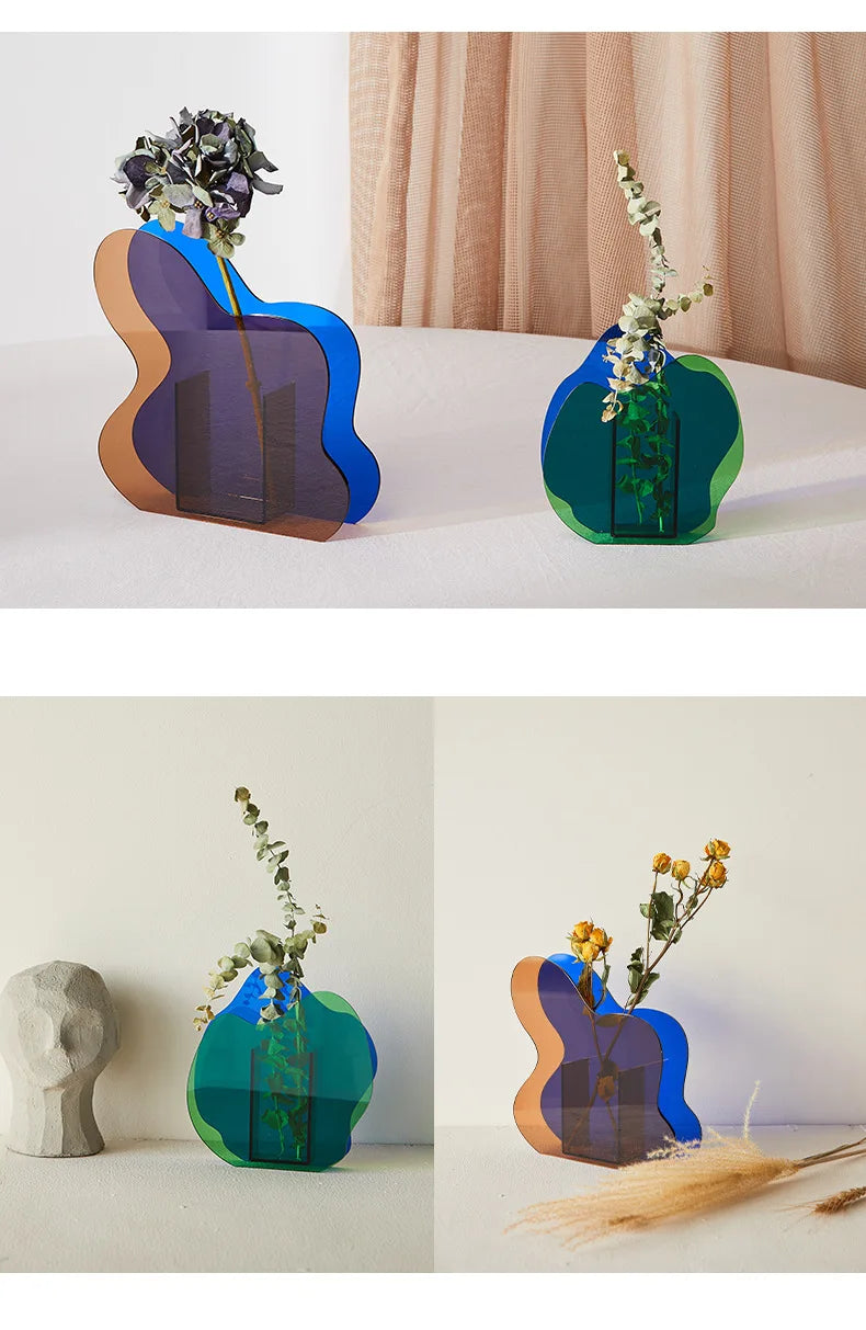 A blue vase in various places in a household
