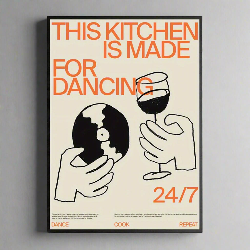 Poster with text 'This kitchen is made for dancing 24/7' and illustrations of a vinyl record and a wine glass on a beige background.