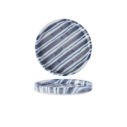 Blue and white striped ceramic plate with measurements on a white background