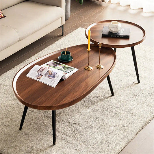 Wooden coffee table with decorative items in a living room setting