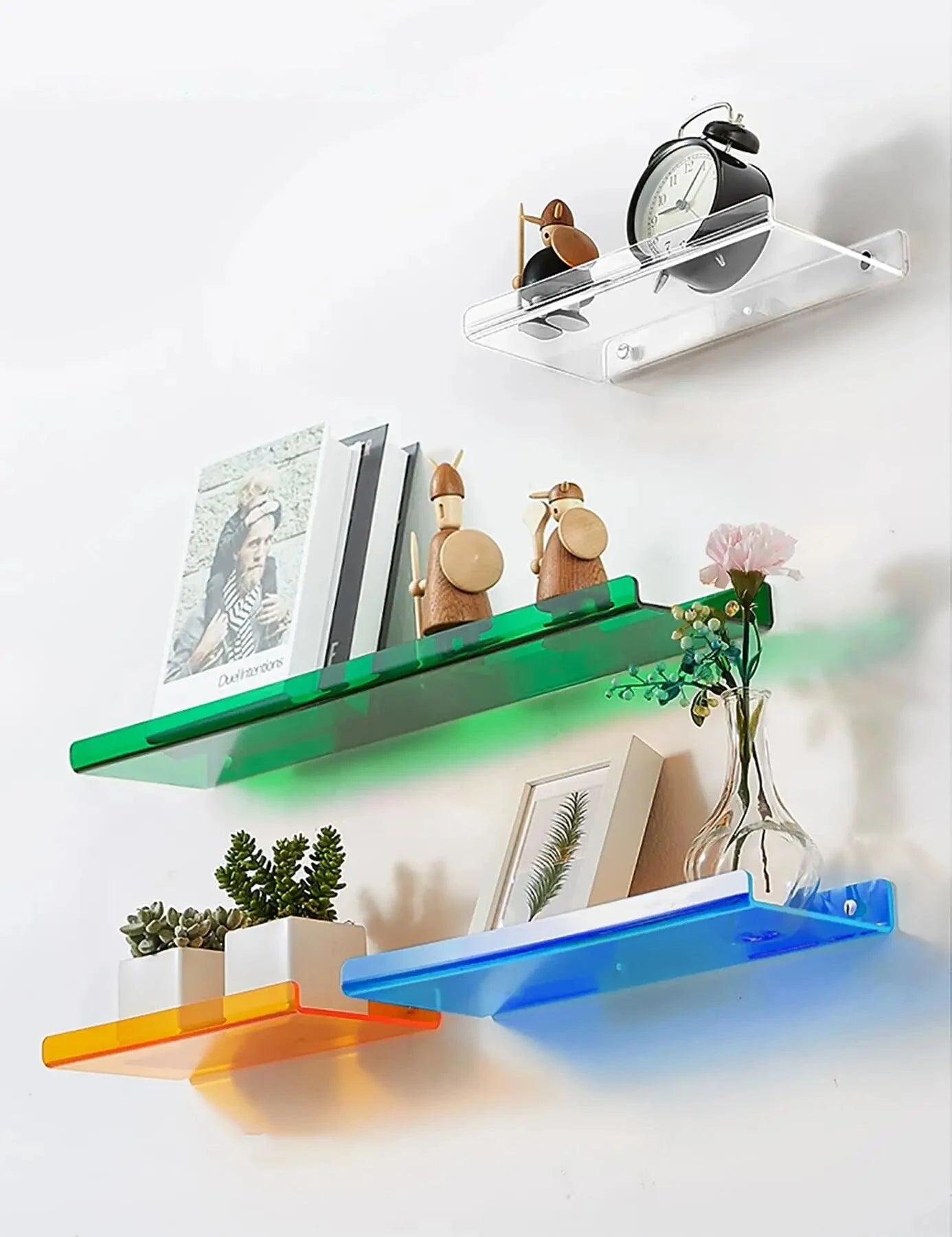Various coloured shelves displaying products