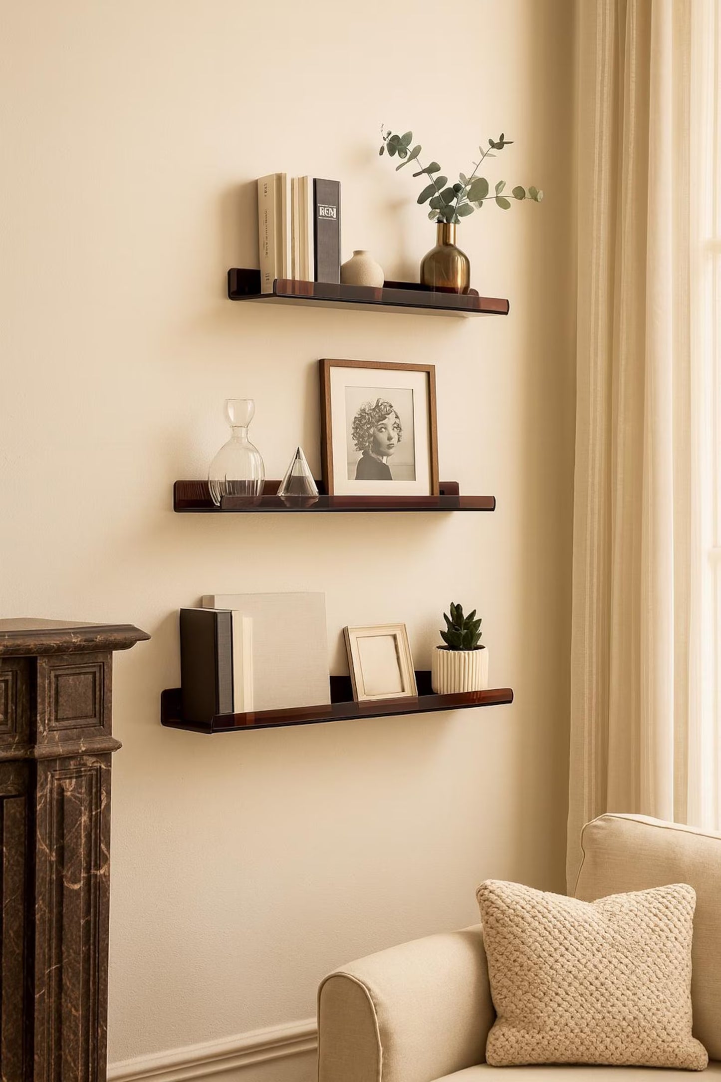 Wall shelves with decorative items in a living room setting