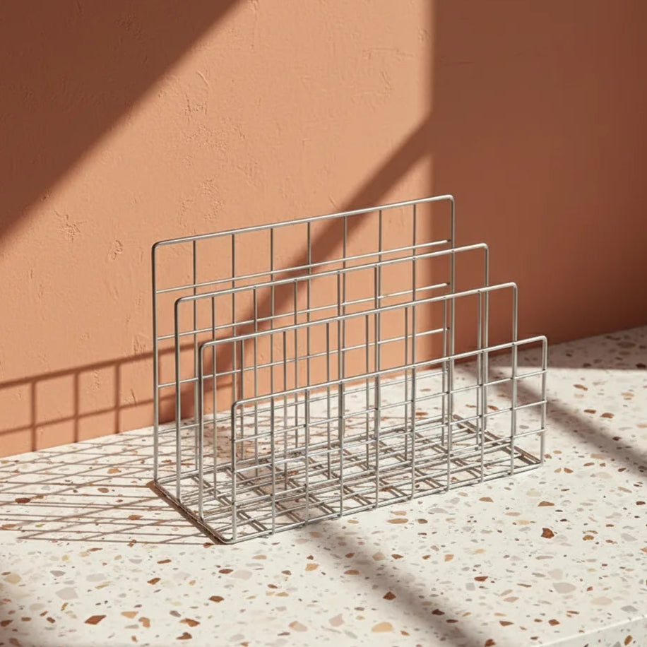 Metal dish rack on a terrazzo countertop with a peach-colored wall background