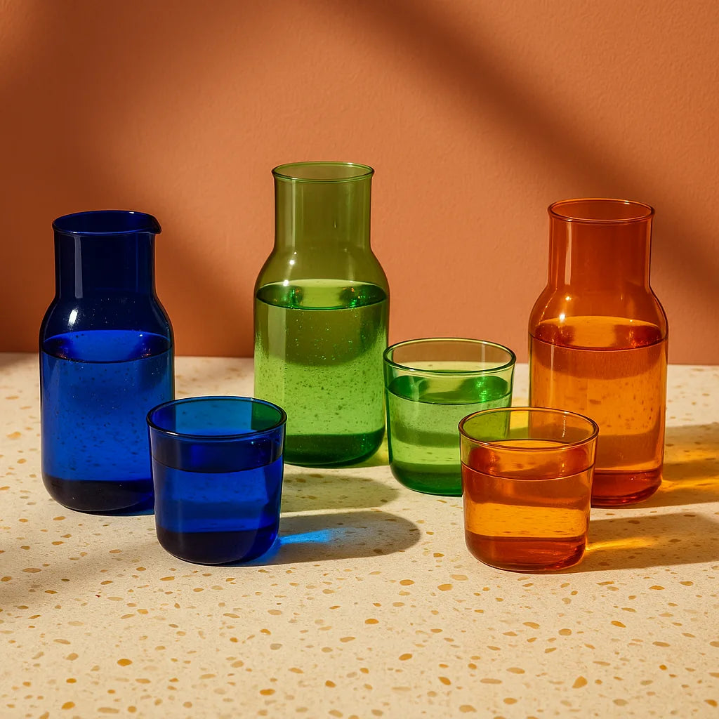 Set of colorful glassware including vases and cups on a textured surface with a warm background.
