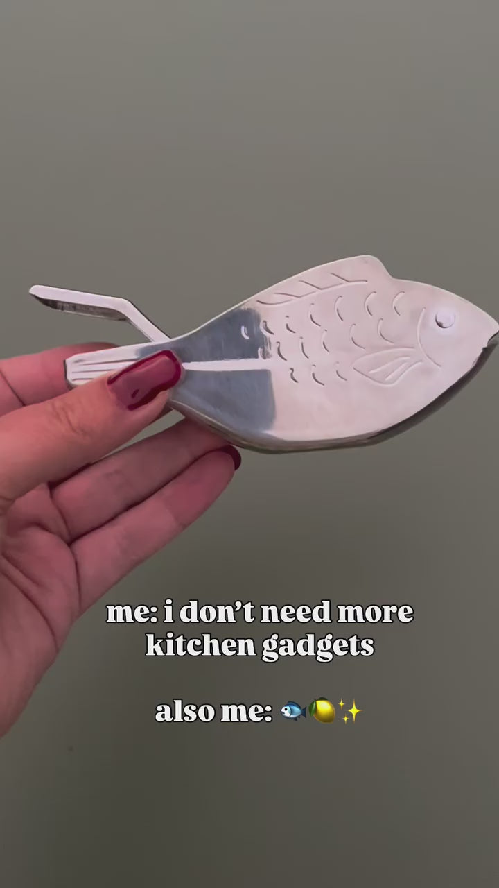 A video of a fish shaped metal lemon juicer in different settings and then being used to flavour a spaghetti dish. 