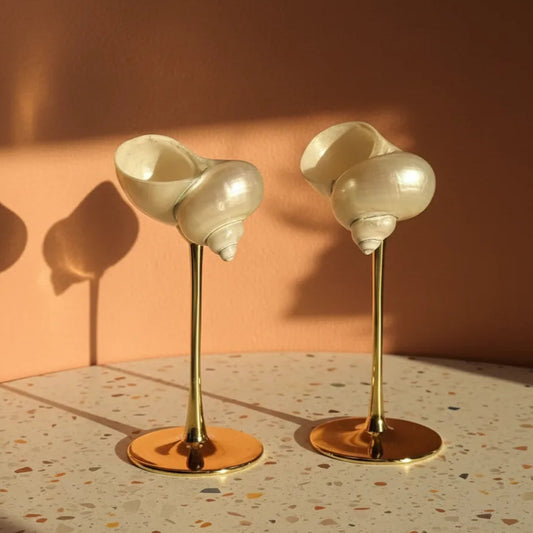 Two shell-shaped objects on gold stands against a warm-toned wall.