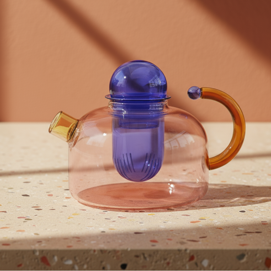 Clear glass teapot with a purple spout and amber handle on a speckled surface.
