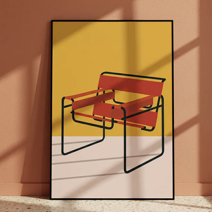 Framed poster of a red and black chair against a yellow background